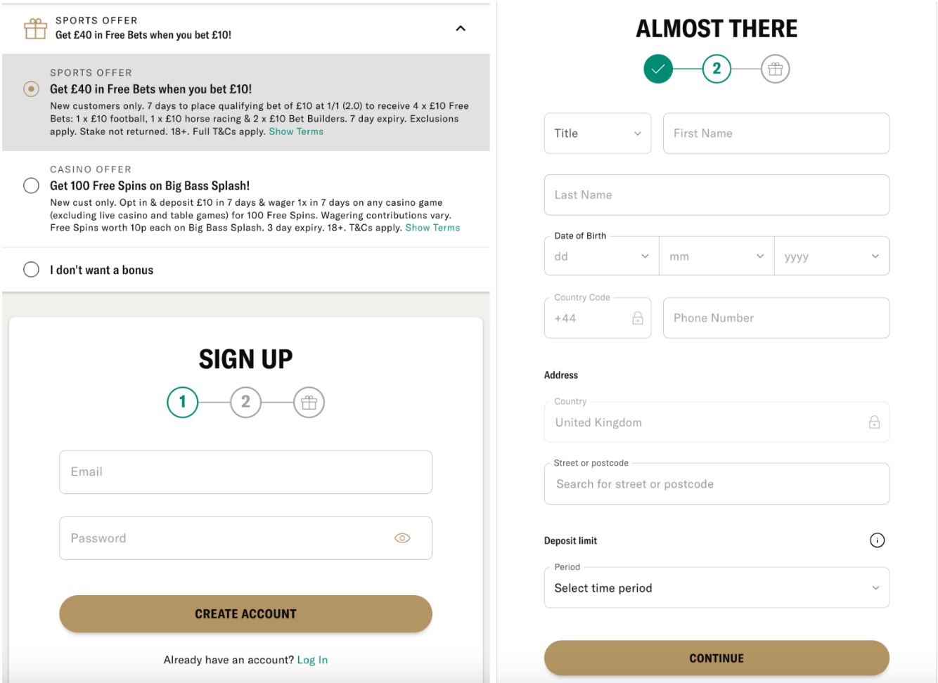 BetMGM's registration process, with a choice of bonus offer (sports of casino), email and password fields, and person details on the second page